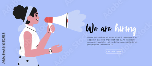 Vector illustration of people shouting in loud speaker and recruiting new employees, workers. We are hiring or job recruitment banner, poster, flyer or landing page concept for ui, web or mobile app.