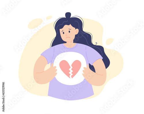 Broken heart person. A sad woman with a broken heart in her chest, vector illustration in minimalist style