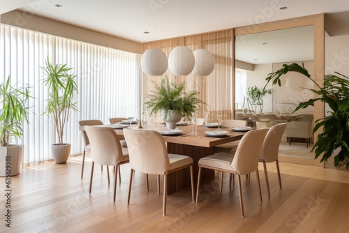 a modern dining room with beige chairs, wooden flooring, plants, room divider, and elegant accessories.