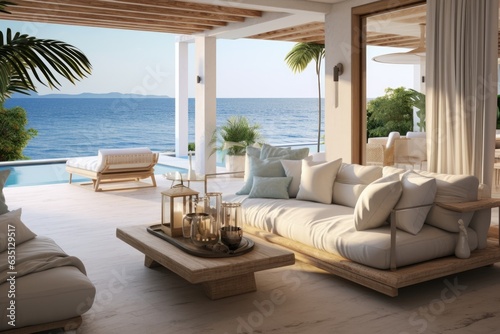 a cozy beach house with a terrace, living room, and sea view.