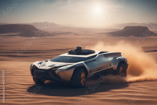 The car with a futuristic design carries on the desert raising sandy dust.