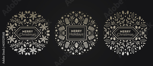 Luxury Christmas frame set, abstract sketch winter floral design templates. Geometric monochrome circles, round shapes, holly backgrounds with fir tree. Use for package, branding, decoration, banners