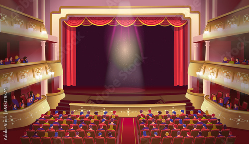 Grand Theatre. Theater stage with people. Theater scene interior with balconies and seats. A theater stage with a red open curtain and columns. Vector template illustration