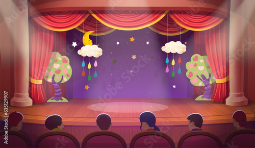 Theater stage with red curtains and people. Сartoon  interior  of theatre with wooden scene, decoration with clouds and trees. Vector.