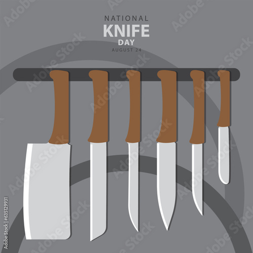 National Knife Day on august 24 with vector illustration Several types of knives hanging and text isolated on gray background abstract for commemorate and celebrate National Knife Day.