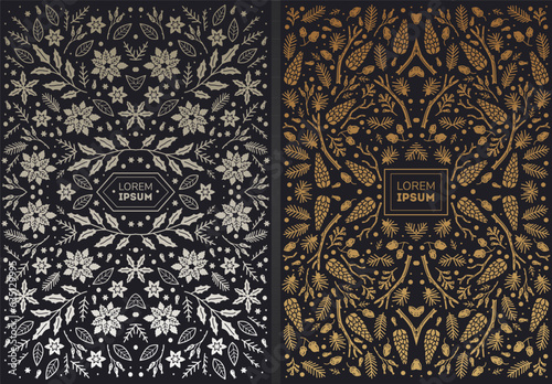 Luxury abstract backgrounds, save the date floral invitations, vintage frames. Merry Christmas sketch winter floral design templates for xmas products. Use for package, branding, poster, brochure,