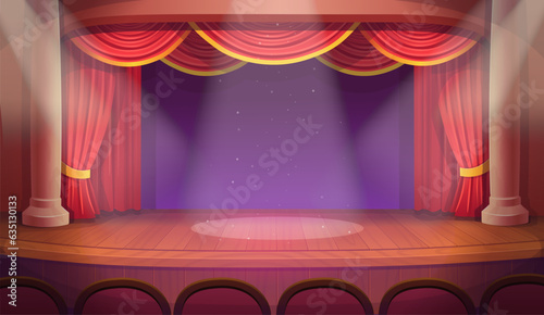 A theater stage with a red open curtain. Vector template illustration