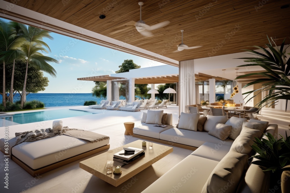 Luxurious beach house with pool overlooking the sea, featuring a spacious living room and terrace.