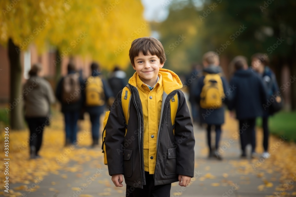 Smiling boy in warm autumn clothes with friends on the way to school. Happy children back to school. Smiling boy in warm autumn clothes with friends on the way to school. Happy children back to school.