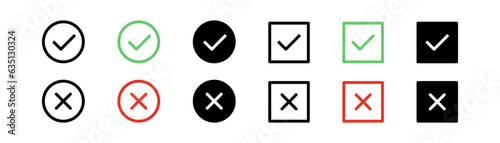 Checkmark tick icons. X mark symbol. Green check mark icon. Red cross sign. Approve and decline symbol. Outline cross mark. Choice symbol illustration