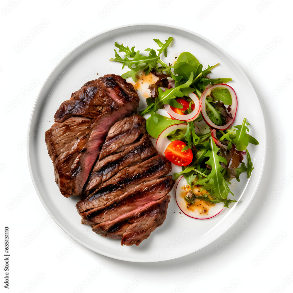 Grilled Steak and Salad on Ceramic Plate - Gourmet Dining isolated on white Grilled Steak and Salad on Ceramic Plate - Gourmet Dining isolated on white