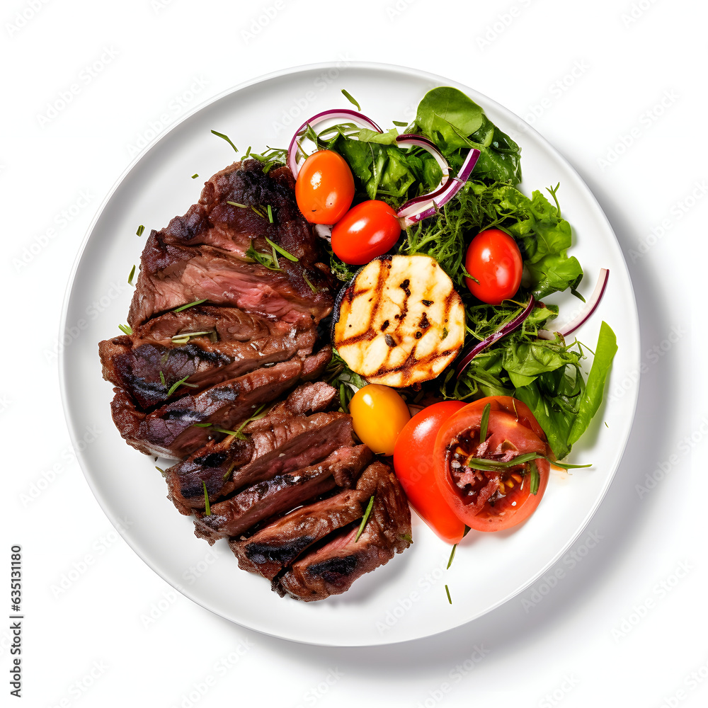 Grilled Steak and Salad on Ceramic Plate - Gourmet Dining isolated on white Grilled Steak and Salad on Ceramic Plate - Gourmet Dining isolated on white