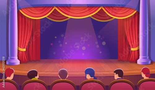 A theater stage with a red open curtain. Vector template illustration