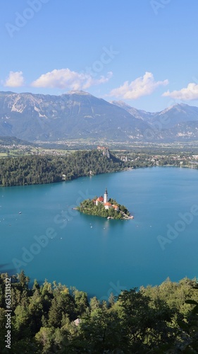 drone photo Bled Lake, Blejsko jezero Bled slovenia europe	