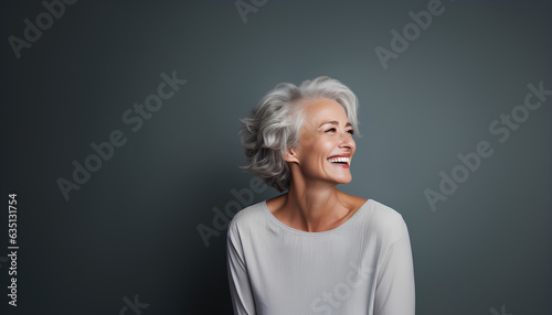 Timeless Elegance: Enchanting Close-Up of a Smiling 50s Senior Model with Gorgeous Grey Hair, generative AI