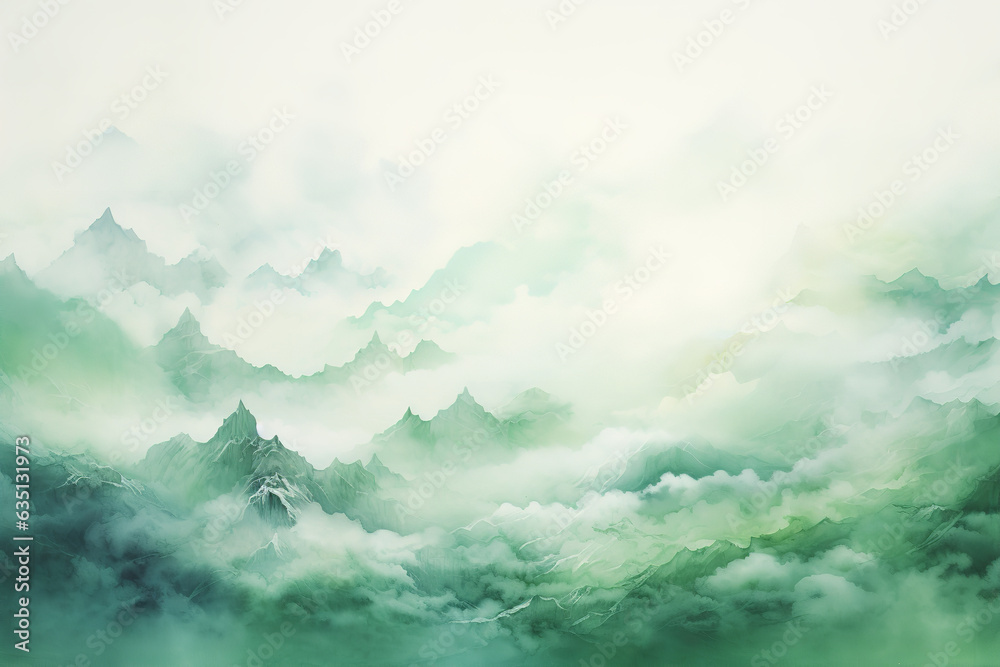image of water painting, profile of mountains, color gradient from bottom to top from darker green to white