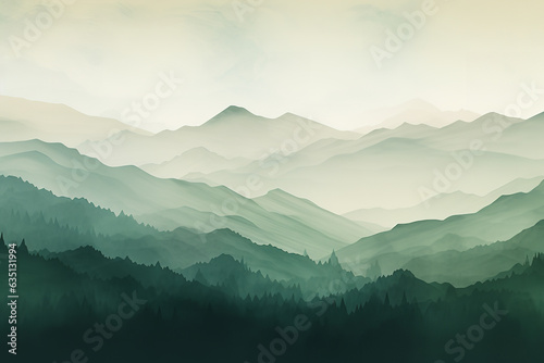 image of water painting, profile of mountains, color gradient from bottom to top from darker green to white