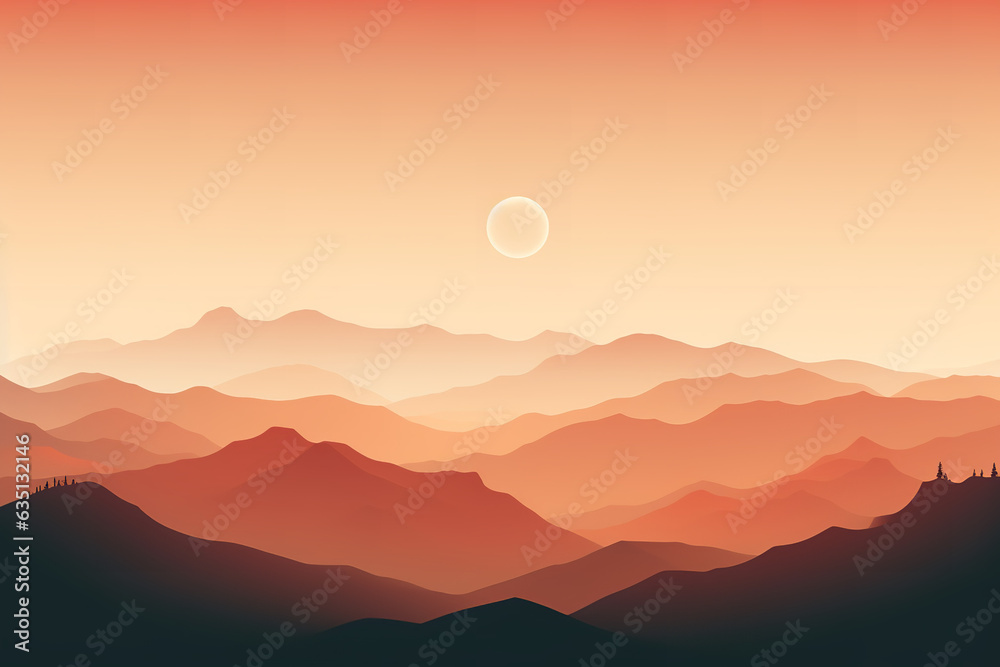 minimalist image of silhouetted mountains at sunset, warm tones