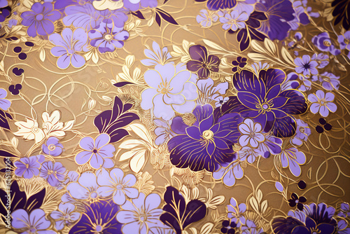 japanese chiyogami paper, floral, gold, lavender purple, beautiful, intricate photo