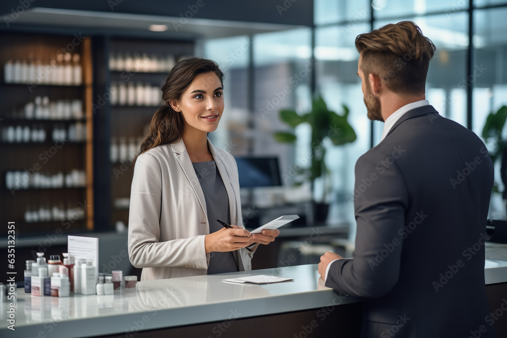 photo of a consultant discussing cosmetics with a client in a modern office background photo of a consultant discussing cosmetics with a client in a modern office background