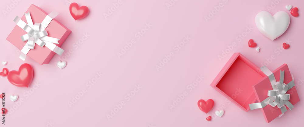 Happy Mother's day banner and greeting card design. Symbols of love for Happy Women's, Mother's, Valentine's Day, birthday. Modern holiday card for event promo. copy space, 3D render illustration