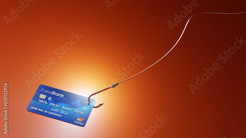 Credit card as bait on a fishing hook. Internet scam, phishing, online theft concept. Digital 3D rendering.