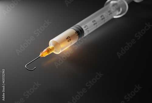 Syringe with a fishing hook for a needle. Addiction, substance abuse, healthcare scam concept. Digital 3D rendering.