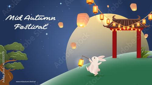 Happy Mid Autumn Festival with Red Chinese Temple, Rabbit, Mooncake and Flying Lantern Vector Illustration. 