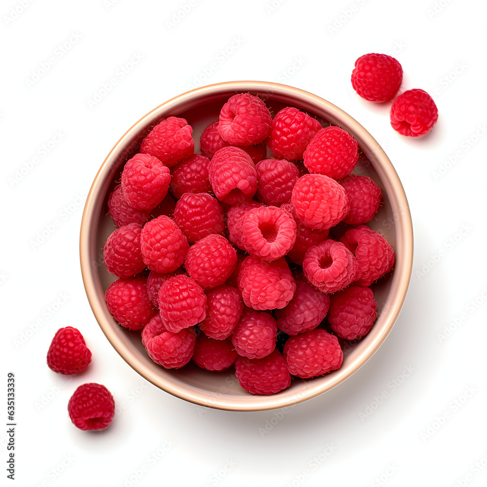 Top view ceramic Bowl of Raspberries Isolated on white background Top view ceramic Bowl of Raspberries Isolated on white background