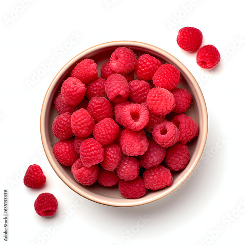 Top view ceramic Bowl of Raspberries Isolated on white background