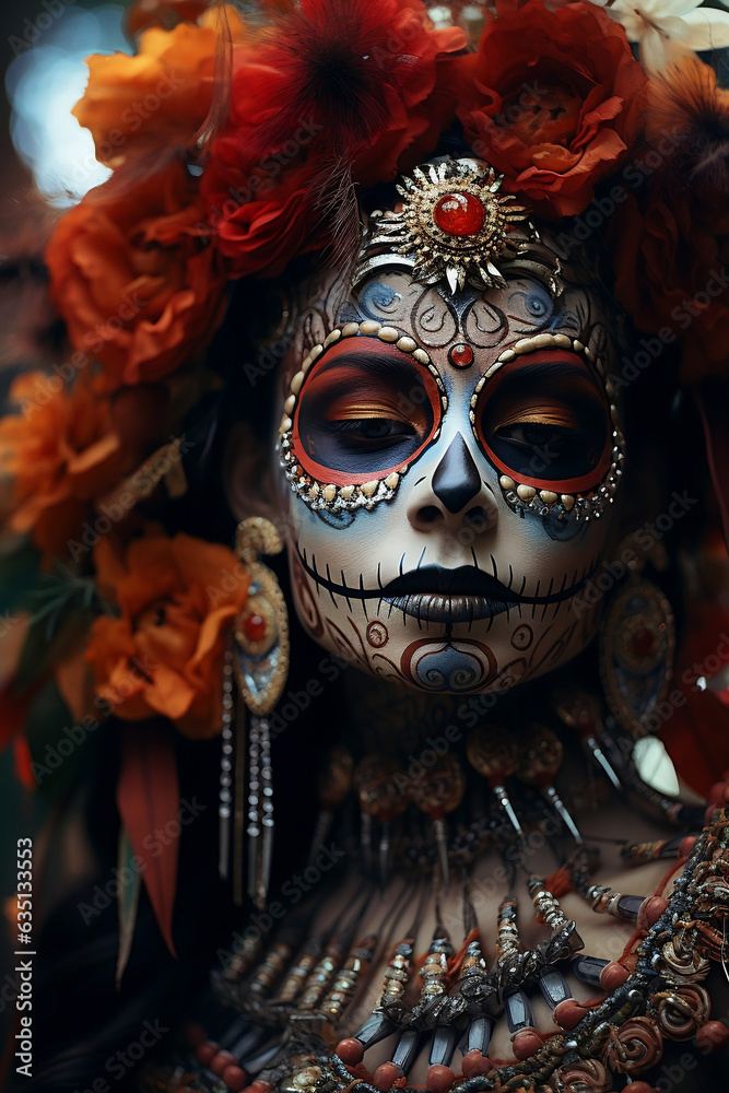 Elaborately adorned Day of the Dead Priestess embracing the Mexican spirit amidst a spooky Halloween night,