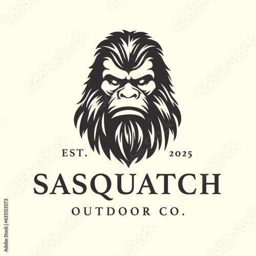 Squatchy bigfoot logo design. Sasquatch face brand icon. Yeti symbol. Wood ape emblem. Mythical cryptid creature vector illustration.