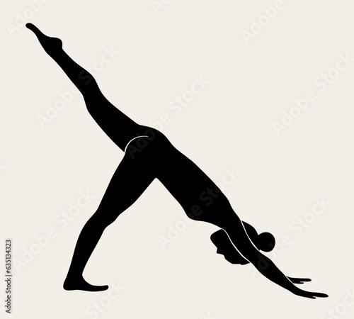 Woman doing Yoga, Pilates. Slim girl doing yoga. Hand drawn black silhouette Vector illustration. Warrior pose. Health care and lifestyle concept. Female yoga.