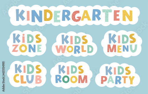 Cute Banners for kids zone, kids menu, kids club, kids party, kindergarten etc. Cartoon style. Place for fun and play. Template for children's zone decoration. Vector illustration
