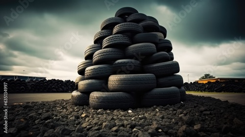 Big pile of used old car tires for recycling  Stack of old car tires.
