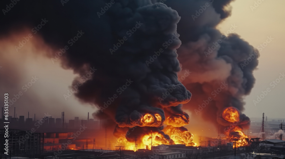 Explosion fire black smoke in the factory industry in the city, The environment is toxic.