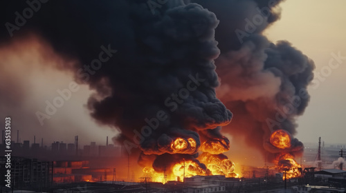 Explosion fire black smoke in the factory industry in the city  The environment is toxic.