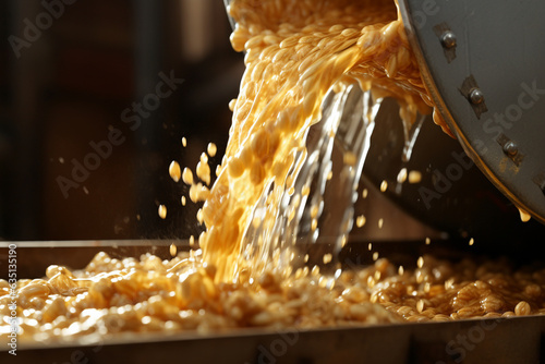 A close-up of grain pouring from a chute into a holding bin, the texture and flow of the grains creating an intriguing visual  photo