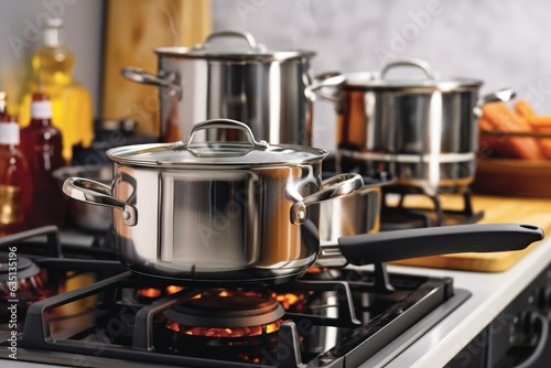 Saucepans on electric stove at kitchen at home, Cooking.
