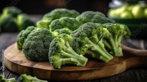 Fresh broccoli expertly sliced on a wooden board.