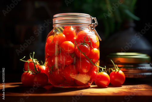 There are pickled tomatoes in a jar on a table, and many fresh tomatoes next to them
