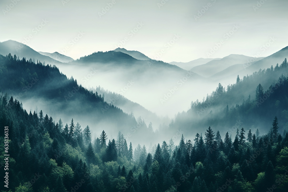 A landscape of forested mountains, full of fog