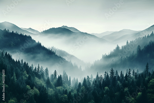 A landscape of forested mountains  full of fog