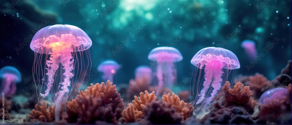 Wide angle photo of beautiful luminous jellyfish floating in the mysterious sea. Breathtaking underwater scene. - obrazy, fototapety, plakaty 