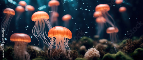 Wide angle photo of beautiful luminous jellyfish floating in the mysterious sea. Breathtaking underwater scene. © Valeriy