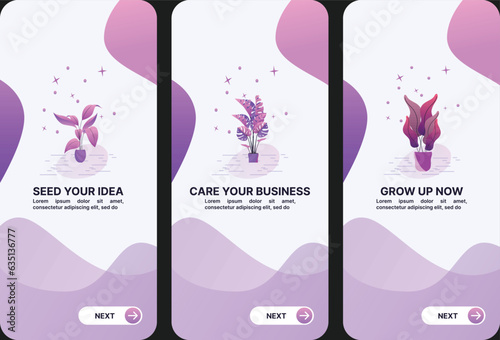 3 Screens App Design Template mobile app smartphone interface vector templates set. Online web page design layout. Remote studying. Pack of UI, flower screens for application. Phone display. © Hasnain GFX