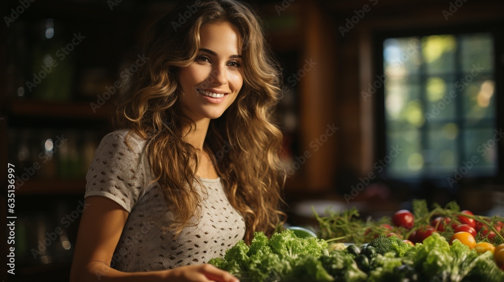 Woman pulling produce from the refrigerator..