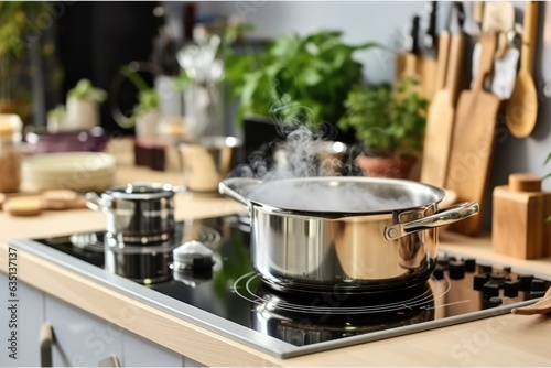 Clean saucepan on a gas stove in kitchen, Kitchen accessories at modern kitchen interior.