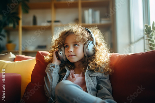 a child with curly hair in headphones listens to music, a podcast sitting on an armchair. cozy room. educational content