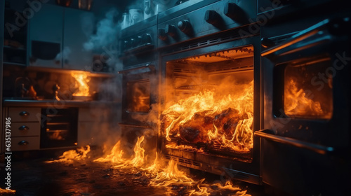 The oven caught fire in the kitchen during cooking, smoke and soot around, Kitchen fire accident.